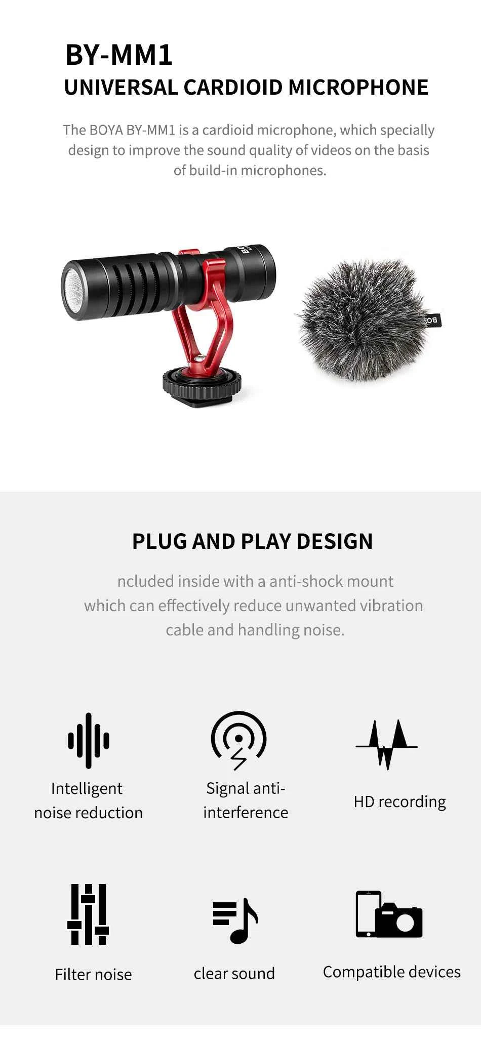 BOYA BY-MM1 Professional Cardioid Shotgun Microphone for iPhone Android Smartphone PC Canon Nikon DSLR Camera Recording Vlog