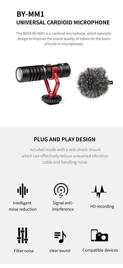 BOYA BY-MM1 Professional Cardioid Shotgun Microphone for iPhone Android Smartphone PC Canon Nikon DSLR Camera Recording Vlog