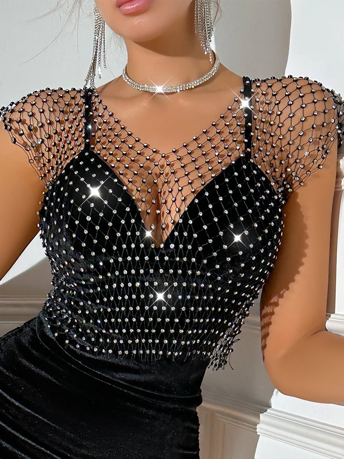 Sexy see through black rhinestone Crop Top Women 2025 Summer Sparkly fishnet beach Party Tank Top night club outfits Tops smock - AMULET RING STORE