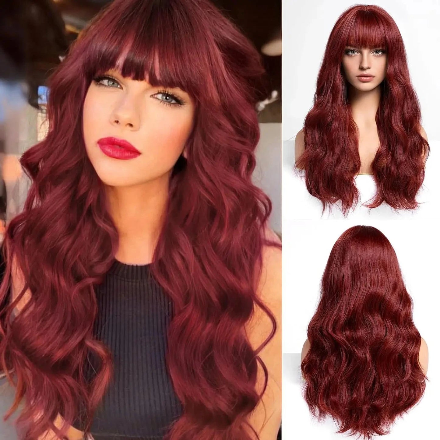 Red wine color synthetic wig with long curly hair, full head of wig, party, daily use, high-temperature hair wig - AMULET RING STORE