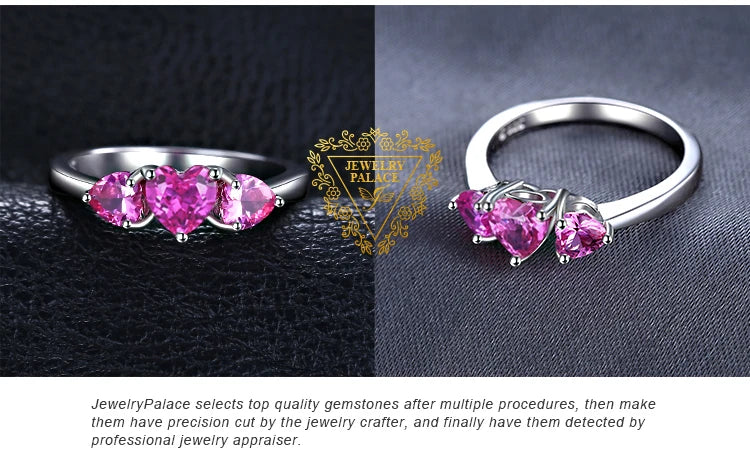 JewelryPalace Love Heart 1.2ct Created Pink Sapphire 925 Sterling Silver 3 Stone Ring for Women Fashion Engagement Wedding Gift