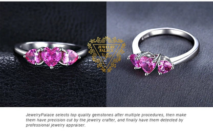 JewelryPalace Love Heart 1.2ct Created Pink Sapphire 925 Sterling Silver 3 Stone Ring for Women Fashion Engagement Wedding Gift