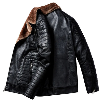 Men's Fur Collar Jacket PU Leather Vintage New Winter Men's Streetwear Thicken Leather Jacket Retro Men Brand Leathe Jacket