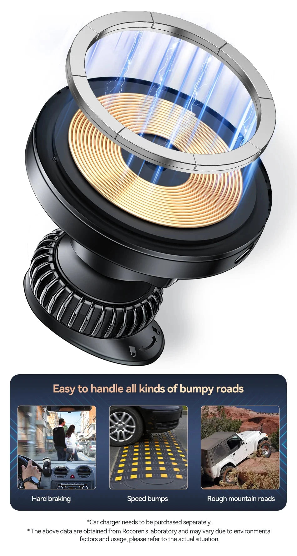 Rocoren Magnetic Car Phone Holder Fast Charging Wireless Charger With RGB light Magnet Car Stander For iPhone 15 14 13 Pro Max