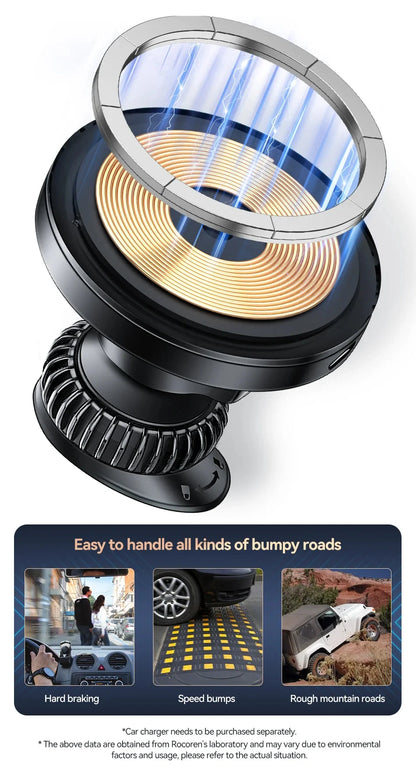 Rocoren Magnetic Car Phone Holder Fast Charging Wireless Charger With RGB light Magnet Car Stander For iPhone 15 14 13 Pro Max
