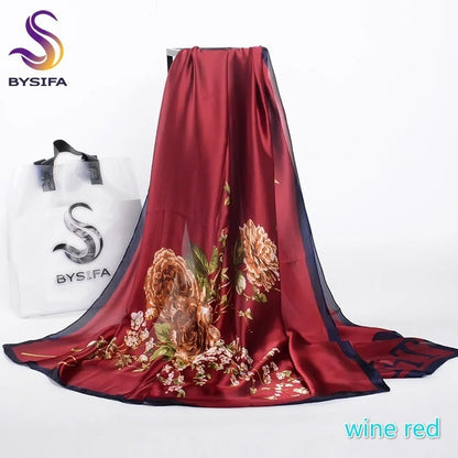 [BYSIFA] Navy Blue Chinese Roses Women Scarves Fall Winter Utrlong Top Grade Brand Trendy Silk Letters Long Scarf Shawl Wrap - AMULET RING STORE