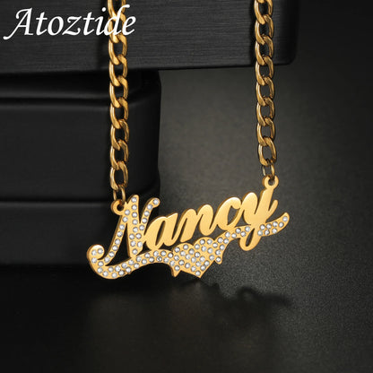 Atoztide Personalized Custom Name Necklace Zircon Heart Stainless Steel for Women Men Pendant Link Chain Birthday Jewelry Gift