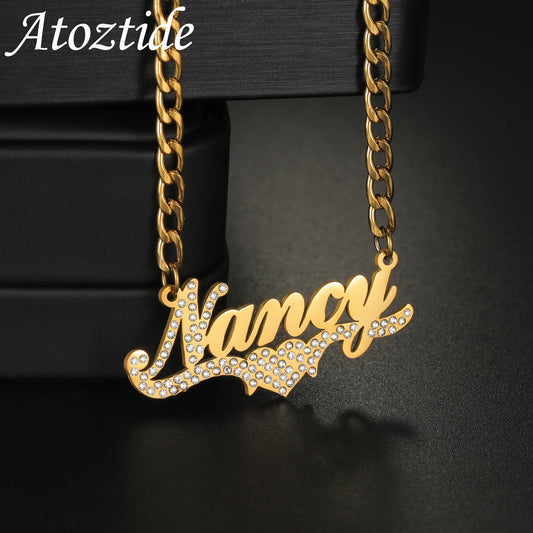 Atoztide Personalized Custom Name Necklace Zircon Heart Stainless Steel for Women Men Pendant Link Chain Birthday Jewelry Gift