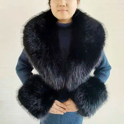 Large Winter Faux Fox Fur Scarf Women Jackets Warm Fluffy Shawl Fashion Artificial Fur Collar And Cuff Set Fluffy Scarves Female