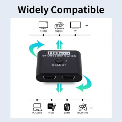 4K 60Hz HDMI Bi-Directional Switch 2x1 Splitter 2 Ports Input 1 Output For PC Laptop Monitor TV Projector Audio Video Converter