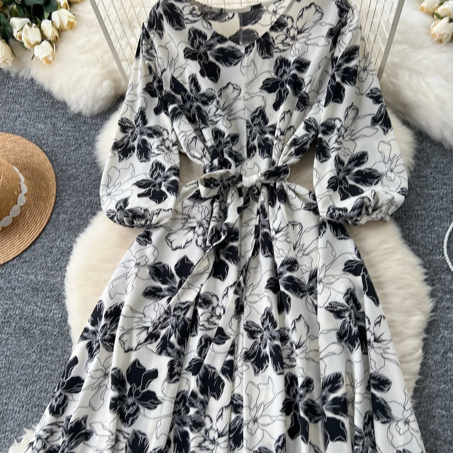 Elegant Boho Floral Print Floral Pleated Maxi Long Dress Female V Neck Puff Sleeve Belt Dresses Women Summer Dress Robe