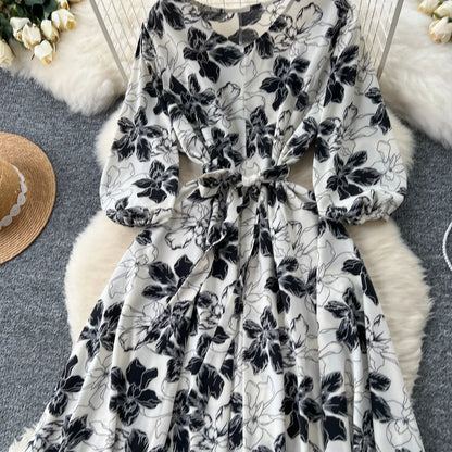 Elegant Boho Floral Print Floral Pleated Maxi Long Dress Female V Neck Puff Sleeve Belt Dresses Women Summer Dress Robe