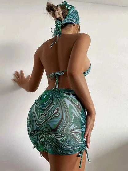 2024 New Wave Print Swimsuit Sexy Bathing Suits 4 Piece Bikinis Beach Sarong Micro Thong Swimwear Women Beachwear