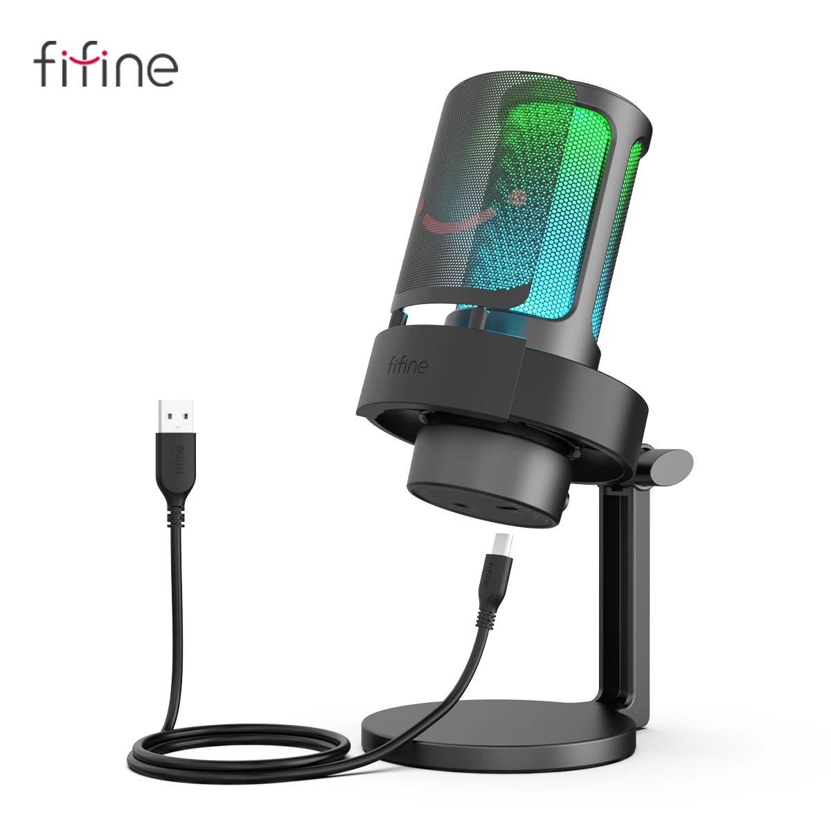 FIFINE USB Microphone for Recording and Streaming on PC and Mac,Headphone Output and Touch-Mute Button,Mic with 3 RGB Modes -A8