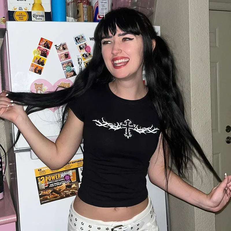 90s FUTURE MILF Stars Print T-shirts Fashion Casual O Neck Short Sleeve Crop Tops Y2K Summer Sexy E-girl Baby Tee Women Clothing - AMULET RING STORE