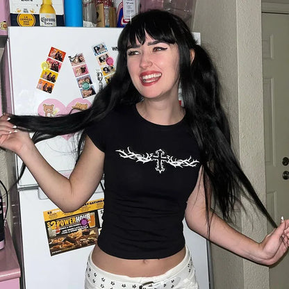 90s FUTURE MILF Stars Print T-shirts Fashion Casual O Neck Short Sleeve Crop Tops Y2K Summer Sexy E-girl Baby Tee Women Clothing - AMULET RING STORE