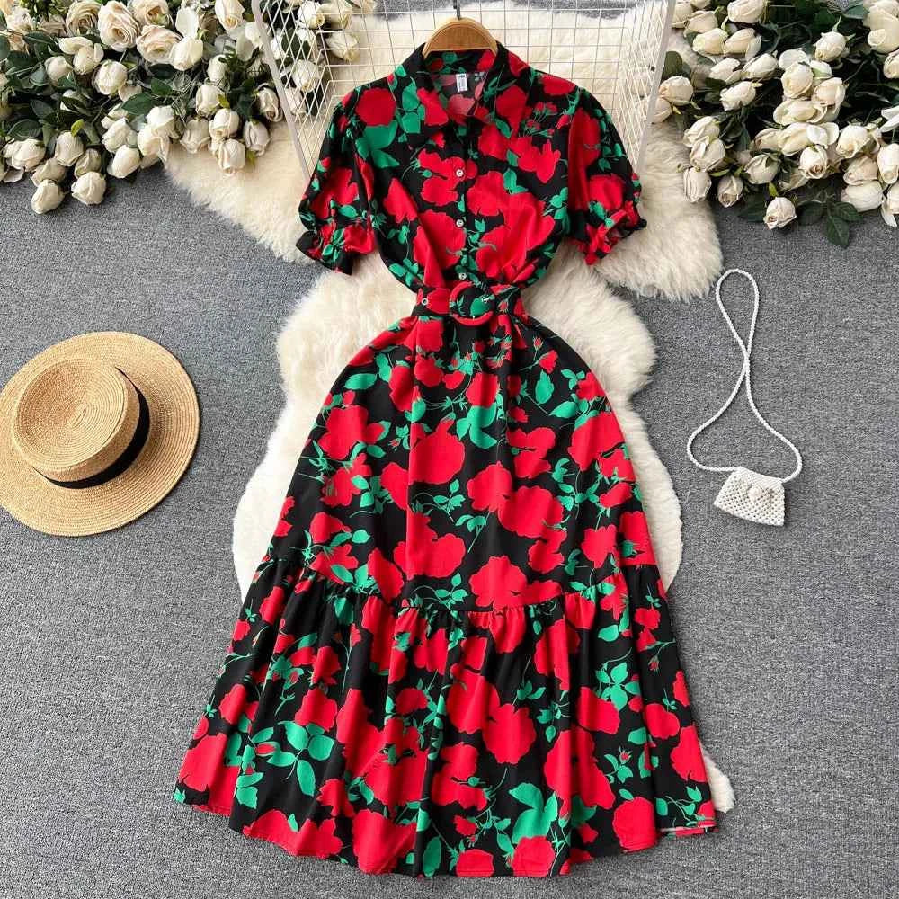 YuooMuoo Women Dress 2025 Summer Fashion Lady Elegant Vintage Floral Print Long Shirt Dress with Belt Vintage Party Robe Femme