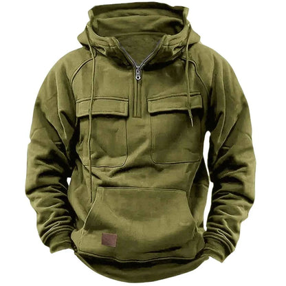 Men's half-zip tactical hooded sweatshirt, solid-color warm fleece workwear style sweatshirt, men's multi-pocket hooded jacket