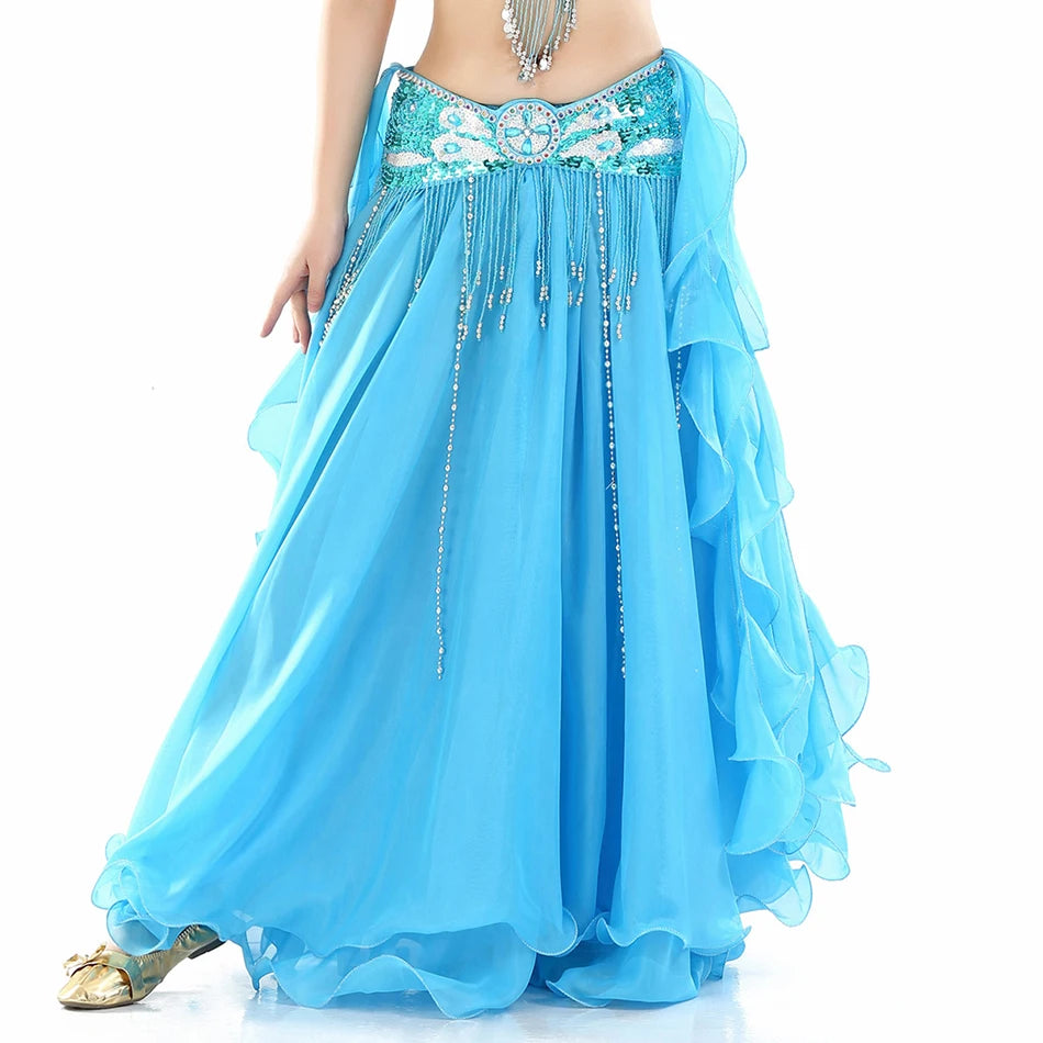 Belly Dance Skirt Chiffon Skirts Double Slit Ear Gauze Skirt High Slit Skirt For Adult Women Performance Practice Clothings