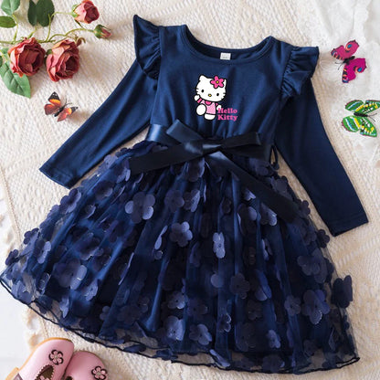 Hello Kitty Autumn Dress for Kid's Casual Clothes 3D Butterfly Cute Long Sleeve Baby Girls Princess Dress Party Dresses 2-6 Yrs