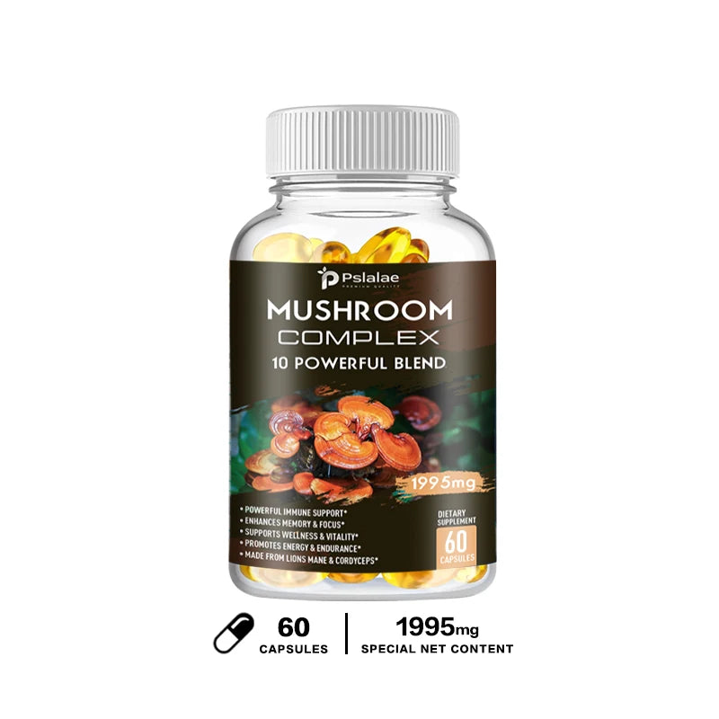 Mushroom Complex Capsules - with Lions Mane, Chaga, Reishi, Cordyceps - Support Immune System, Memory, Focus and Relieve Stress