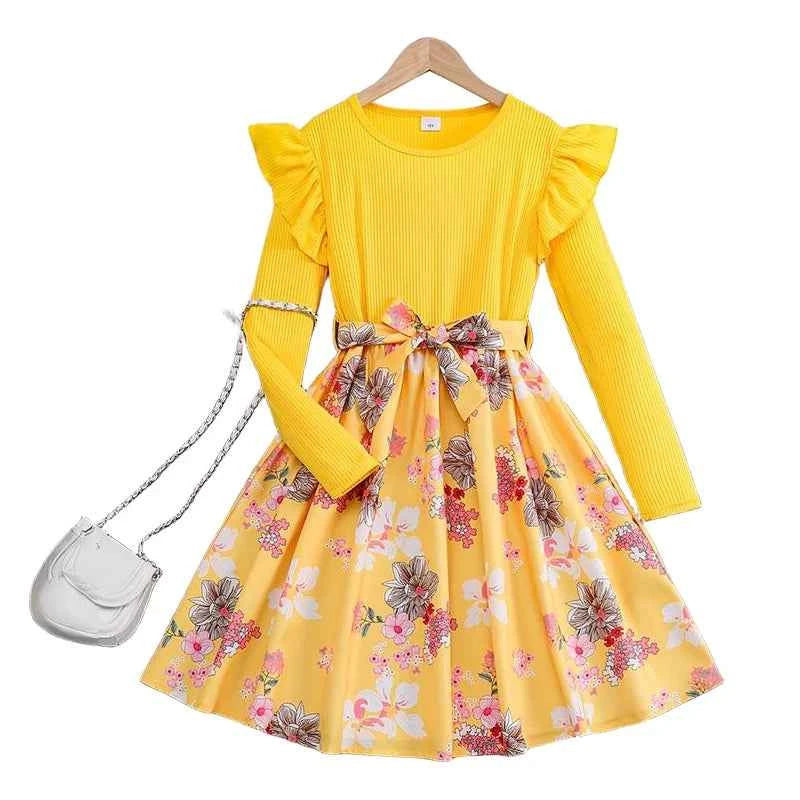 Spring And Autumn Winter Girls Children Girls, Casual Cute Sweet Petal Sleeves Adjustable Belt Digital Printed Dress