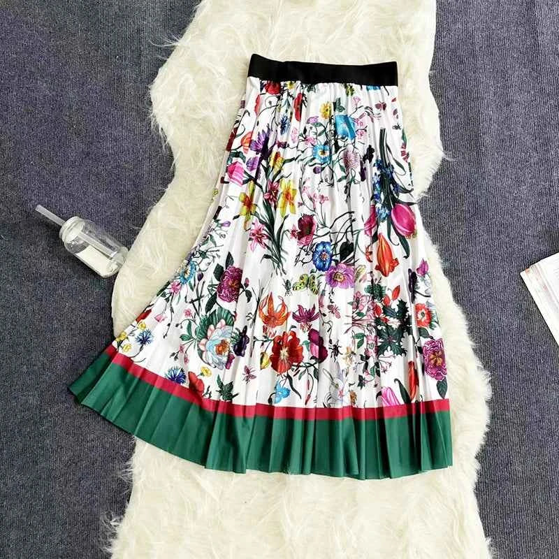 Autumn Skirts Womens New Vintage Floral Print Pleated Skirt Elastic High Waist Casual Midi Skirt Women Clothes Jupe
