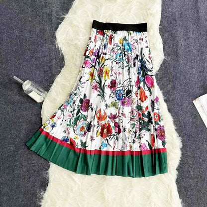 Autumn Skirts Womens New Vintage Floral Print Pleated Skirt Elastic High Waist Casual Midi Skirt Women Clothes Jupe