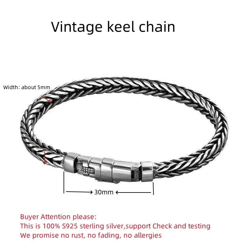 100% S925 Sterling Silver Handmade Woven Retro Domineering Style Personality Keel Man Woman Pure S925 Silver Bracelet Jewelry - AMULET RING STORE
