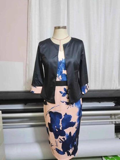 Female Suit 2024 Spring Autumn New Solid Three Quarter Sleeve Top And Floral Print Package Hip Dress Two Piece Sets Fashion Suit