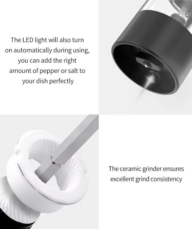 1/2PCS Electric Salt And Pepper Grinder with LED Light Gravity Sensing Adjustable Spice Mills Cordless Automatic Kitchen Gadget - AMULET RING STORE