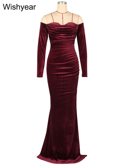 Elegant Women Velvet Off Shoulder Long Sleeve Ruched Split Mermaid Dress Luxury Wedding Evening Birthday Party Festival Vestidos - AMULET RING STORE