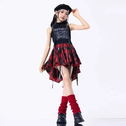 Hip Hop Girls Crop Top Plaid Street Dance Skirt Kids Ribbon Pleated Skirts Teens Jazz Cool Costumes Child Streetwear Clothes Set