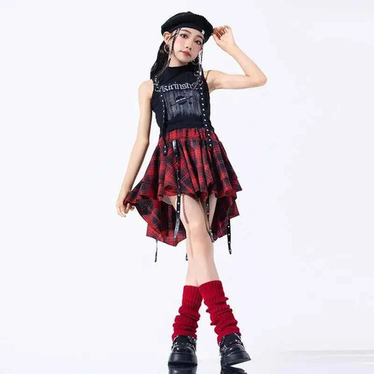 Hip Hop Girls Crop Top Plaid Street Dance Skirt Kids Ribbon Pleated Skirts Teens Jazz Cool Costumes Child Streetwear Clothes Set