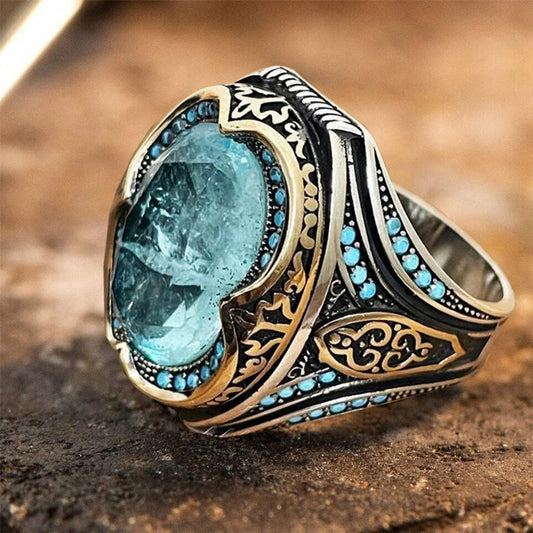 Vintage Men's Handmade Turkish Blue Zircon Stone Ring Ancient Silver Color Pattern Ring Trendy Islamic Religious Muslim Jewelry