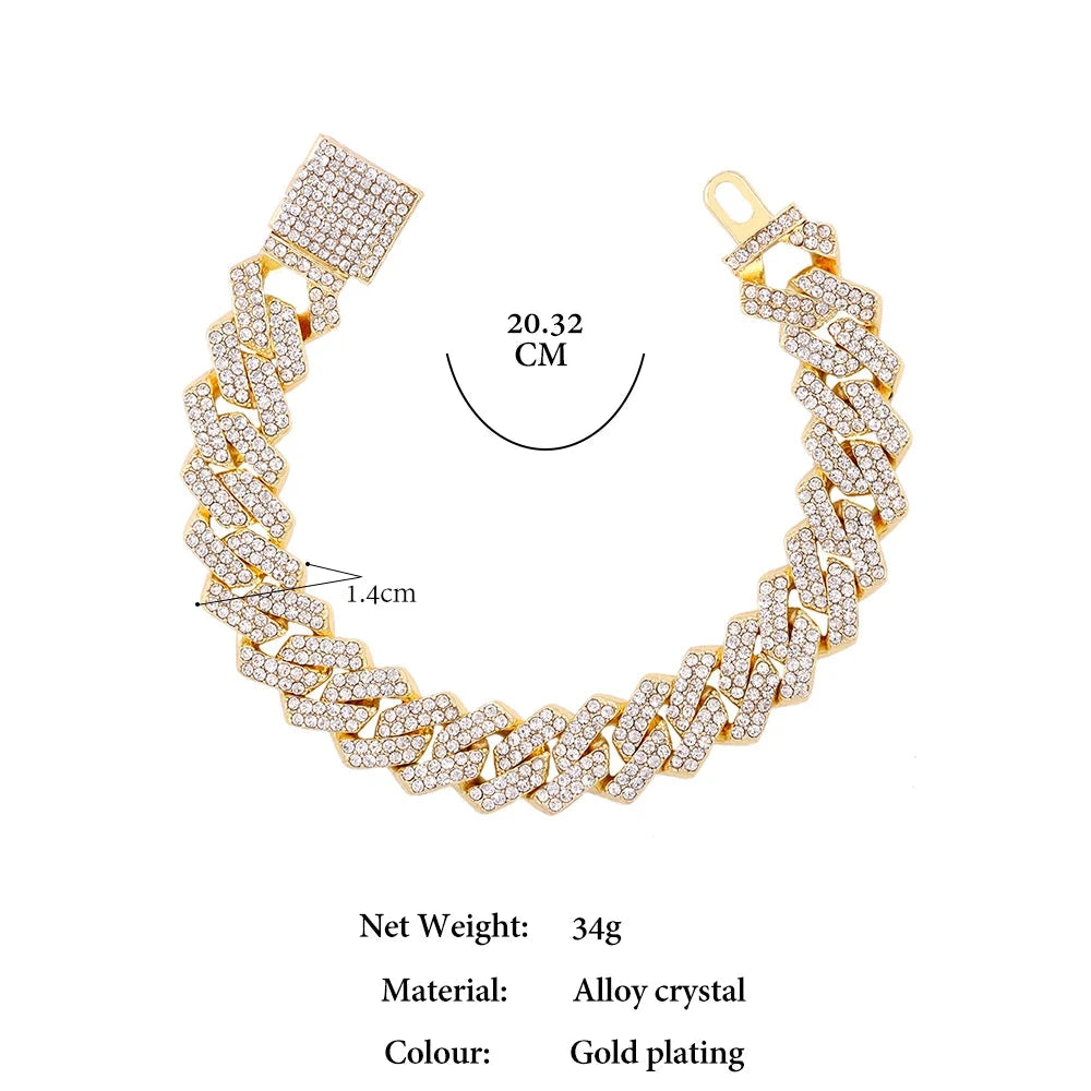 Iced Out Bling AAA Rhinestones Prong Cuban Link Chain Men's Necklace 2 Row Crystal Curb Cuban Chain Hip Hop Jewelry 13/14/20MM - AMULET RING STORE