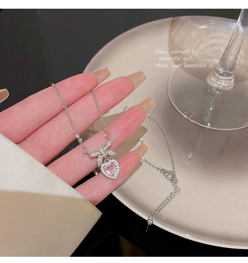 Korean Fashion Pink Crystal Heart Bow Tie Pendant Necklace Silver Color Chain Neck Necklace for Women Wedding Aesthetic Jewelry