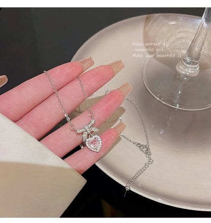 Korean Fashion Pink Crystal Heart Bow Tie Pendant Necklace Silver Color Chain Neck Necklace for Women Wedding Aesthetic Jewelry