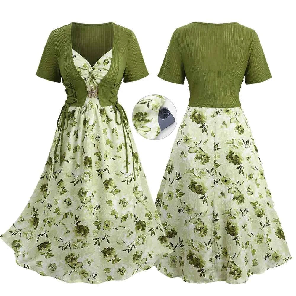 ROSEGAL Plus Size Women Floral Sundress Set Lace Up Ribbed Crop Top And Ruffles Floral Leaf Print Twist Cami Dres New Arrived