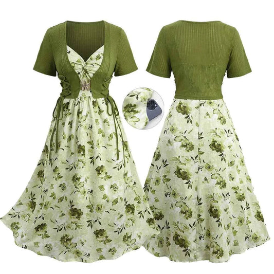 ROSEGAL Plus Size Women Floral Sundress Set Lace Up Ribbed Crop Top And Ruffles Floral Leaf Print Twist Cami Dres New Arrived