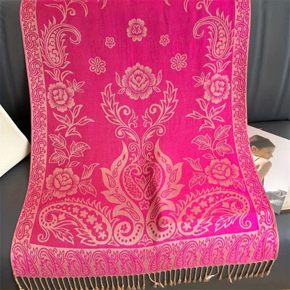 Women National Style Flower Pattern Scarf Jacquard Pashmina Cashmere Tassel Classic Shawl Coldproof Warm Neck Protection