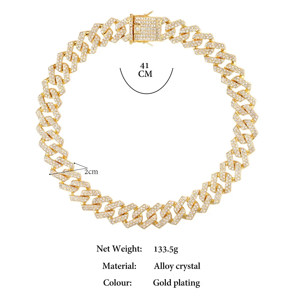 Iced Out Bling AAA Rhinestones Prong Cuban Link Chain Men's Necklace 2 Row Crystal Curb Cuban Chain Hip Hop Jewelry 13/14/20MM - AMULET RING STORE