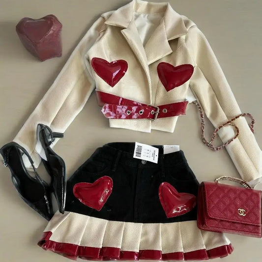 Y2K Women Streetwear Heart Shape Leather Outfit Two Piece Harajuku Gothic Jacket Cropped Denim Patchwork Pleated Mini Skirt Suit - AMULET RING STORE