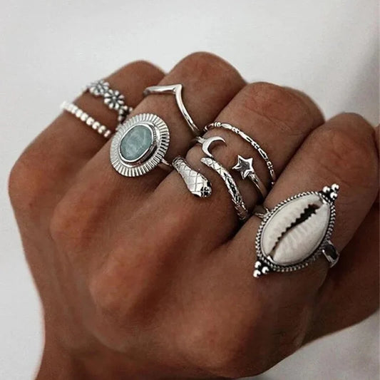 Antique Star Moon Snake Flower Shell Ring Set for Women Ethnic Style Creative Party Jewelry Accessories Custom Jewelry