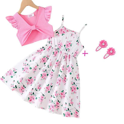 2Pcs Girls Elegant Pink Floral Print Dress Summer Sleeveless Casual Dress and Jacket Sets for Girls Festivals Outing Clothes