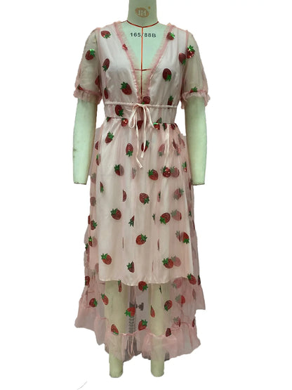 French Style Strawberry Two-tone V-neck Long Dress Sequins Ruffles Fashionable Net Yarn Sleeveless Robe