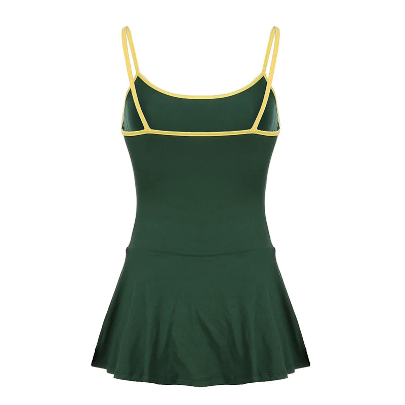 HEYounGIRL Tennis Style Spaghetti Strap Mini Dress Letter Print Contrast Color Sleeveless Women Short Dresses Summer Casual - AMULET RING STORE