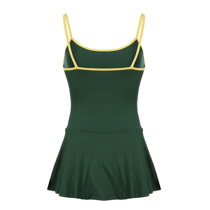 HEYounGIRL Tennis Style Spaghetti Strap Mini Dress Letter Print Contrast Color Sleeveless Women Short Dresses Summer Casual - AMULET RING STORE