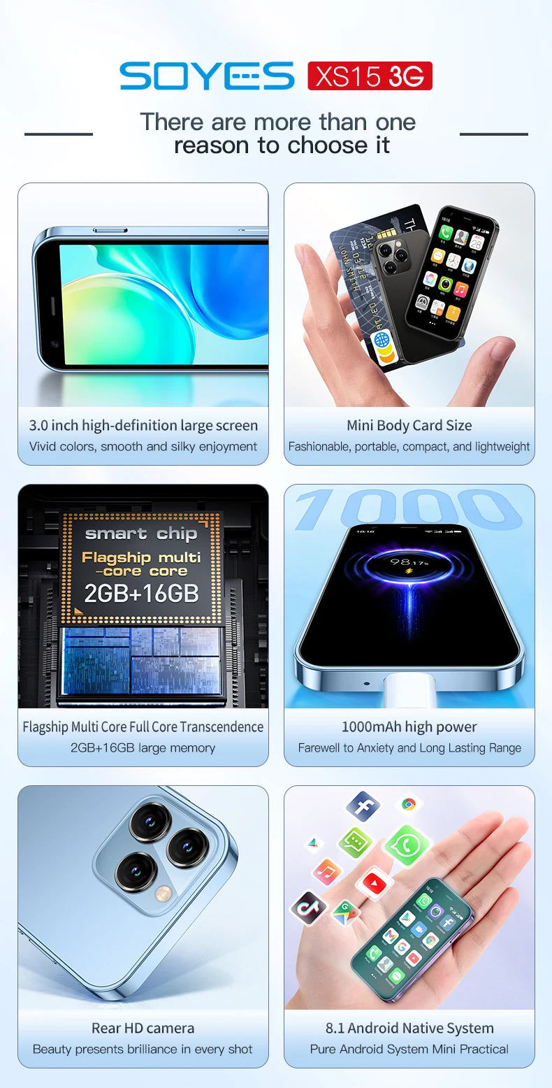 SOYES XS16/XS15 Mini Android Smartphone 3G/4G Network 2GB RAM 16GB ROM 3" Display 5MP Camera Dual SIM With Play Store WhatsAPP - AMULET RING STORE