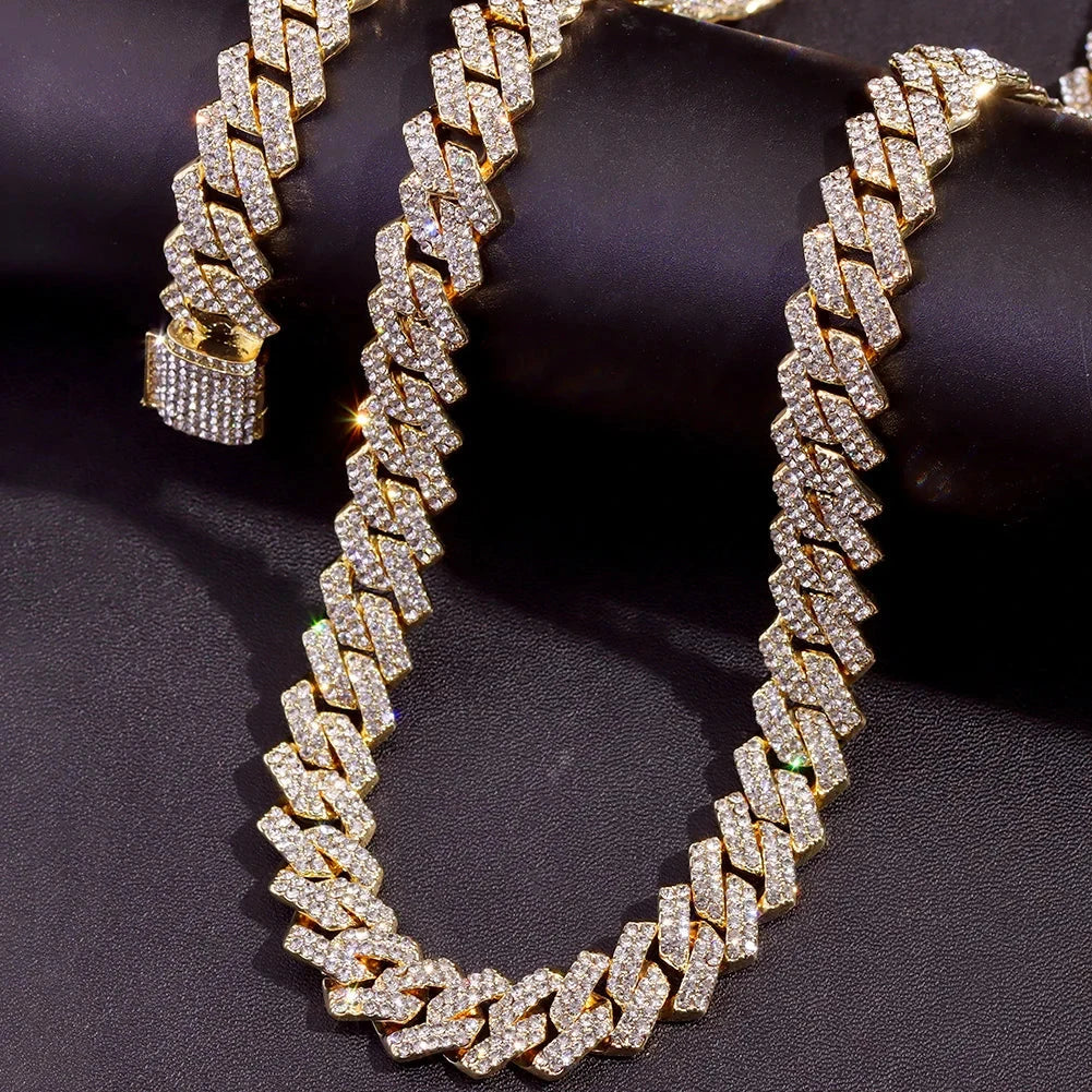 Iced Out Bling AAA Rhinestones Prong Cuban Link Chain Men's Necklace 2 Row Crystal Curb Cuban Chain Hip Hop Jewelry 13/14/20MM - AMULET RING STORE